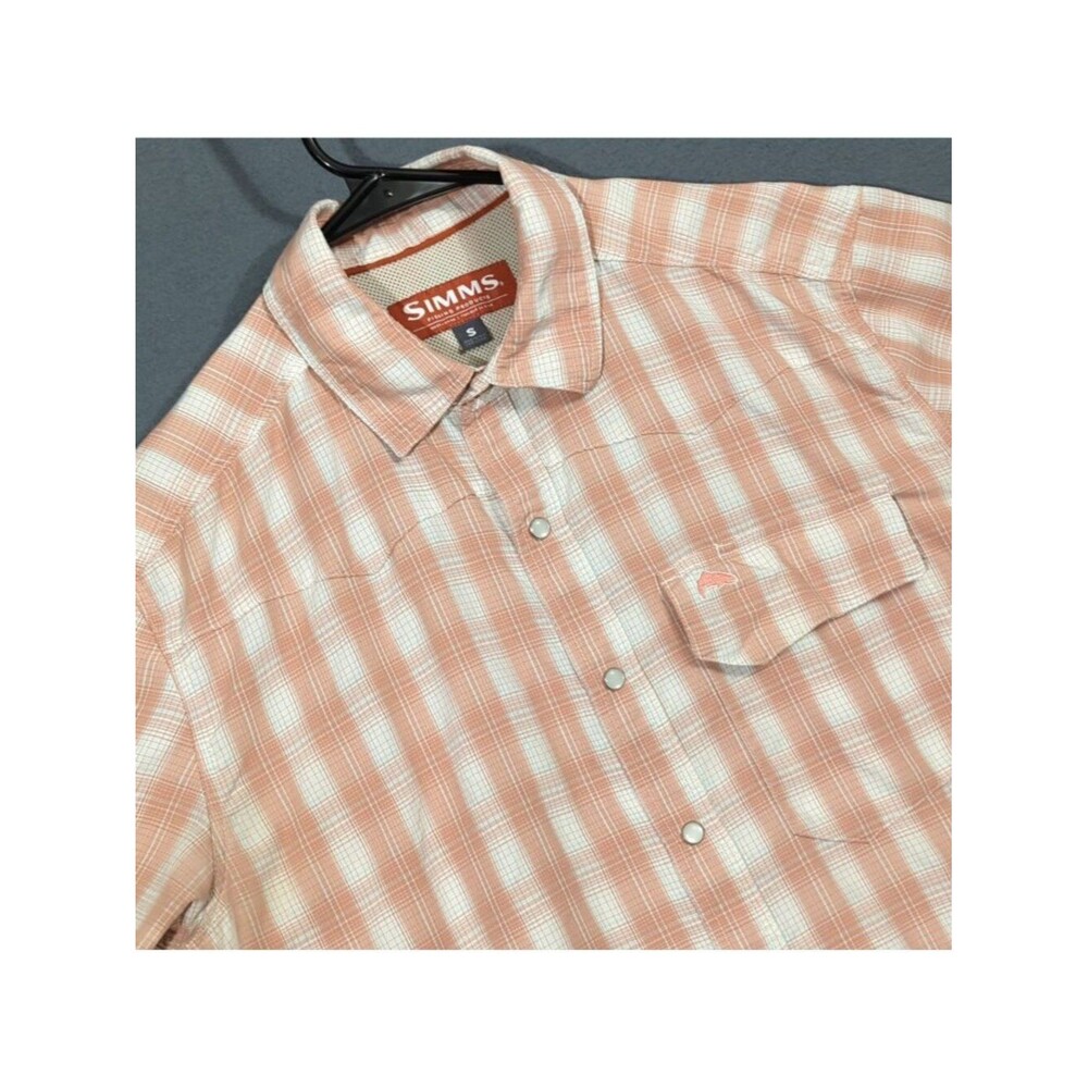 Simms Shirt Men's S Peach Plaid Snap Button Short Sleeve Fishing Outdoors Flaws